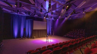 Interior de Brunish Theatre, escenario vacío con un micrófono de pie y luz oscura.