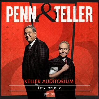 Promotional image for a Penn & Teller show at Keller Auditorium on November 12. Penn and Teller, in matching plaid suits, stand on a red background, with Penn smiling confidently and Teller playfully holding his jacket over one shoulder.