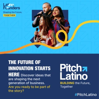 Pitch Latino event image featuring three speakers with microphones, conveying energy and inspiration. Text highlights innovation and entrepreneurship celebration.