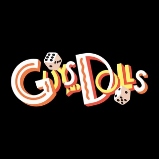 Bold "Guys and Dolls" text in vibrant orange, red, and white hues, with playful floating dice, set against a black background.