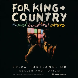 Promotional image "for King & Country: The Most Beautiful Colours" Tour featuring two people (Joel and Luke Smallbone of for KING + COUNTRY) in front of colorful stained glass.