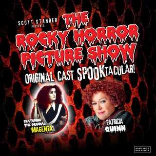 The Rocky Horror Picture Show promotional image with bold, spooky red text. Features an image of a woman, Patricia Quinn, the original 'Magenta,' with curly red hair and another as a character, Magenta, against a fiery background