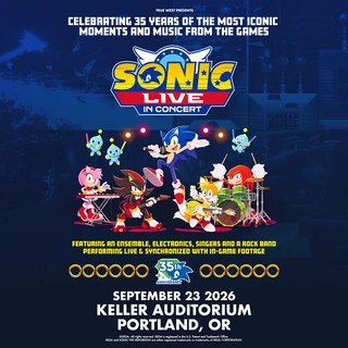 Sonic the Hedgehog video game characters playing instruments with concert details for 'Sonic Live in Concert' celebrating 35 years, on September 23, 2026, at Keller Auditorium in Portland, Oregon.