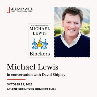 Photo image of Michael Lewis smiling, and the cover of his book 'Blockers' with colorful chess pieces.