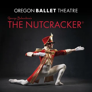 Ballet dancer in red uniform (the Nutcracker Prince) kneels gracefully. Text reads "Oregon Ballet Theatre's The Nutcracker."