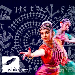 A woman in a colorful traditional dance costume extends her arm towards the viewer, set against a dark blue background filled with white illustrations of dancers, trees, and traditional scenes.