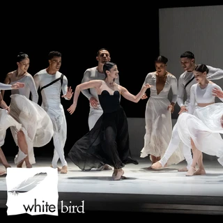 A group of dancers perform on stage, dressed in black and white outfits. The central dancer in a black dress leads with a joyful expression. "White Bird" logo in corner.