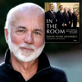 Close-up portrait of a man (David Hume Kennerly) with a white beard and hair, next to the book cover of "IN THE ROOM" by David Hume Kennerly, featuring five former U.S. Presidents.