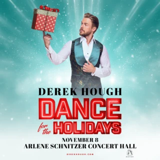 Derek Hough dressed in a festive vest balancing a large wrapped present on one finger. text reads Derek Hough Dance for the Holidays
