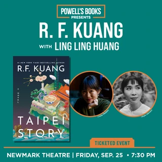 Image of R.F. Kuang's novel "Taipei Story" with Taiwanese landscape next to photo of R. F. Kuang in a circle frame.