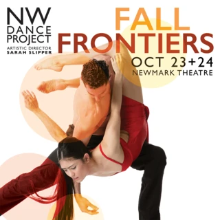 A male and female dancer dynamically pose against a white background, with vibrant circular shapes in orange and yellow behind them. Event details for "FALL FRONTIERS" are displayed prominently.