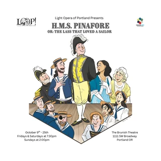 Image for Light Opera of Portland’s “H.M.S. Pinafore,” featuring a lively illustrated ensemble of sailors and singers; October performances at The Brunish Theatre.