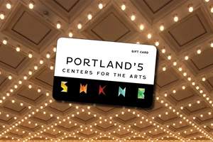 Image of Portland'5 gift card overlayed on a background photo of Schntizer portico lights