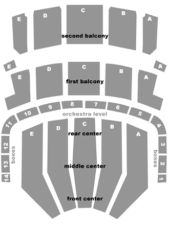 Seating chart with labeled sections: second balcony, first balcony, orchestra level, and front, middle and rear center, plus boxes on sides. 