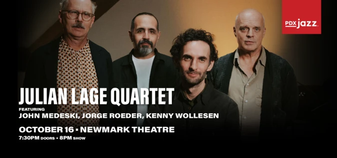 Photo of the Julian Lage Quartet, four men, one holding a guitar