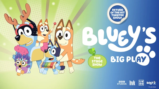 Drawing of Bluey Dingo and family on a colorful background and text reading "Bluey's Big Play"