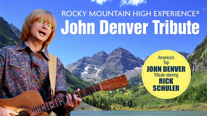 Photo of Rick Schuler as John Denver, holding a guitar and singing with mountains and a lake scene in background