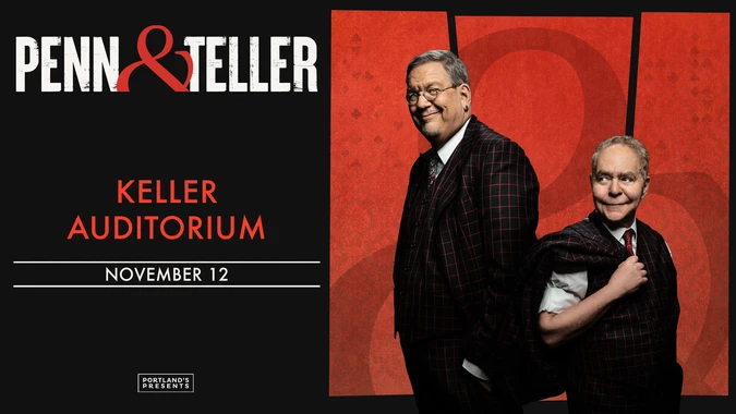 Promotional image for a Penn & Teller show at Keller Auditorium on November 12. Penn and Teller, in matching plaid suits, stand on a red background, with Penn smiling confidently and Teller playfully holding his jacket over one shoulder.