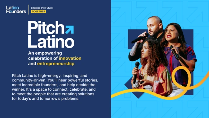 Pitch Latino event image featuring three speakers with microphones, conveying energy and inspiration. Text highlights innovation and entrepreneurship celebration.
