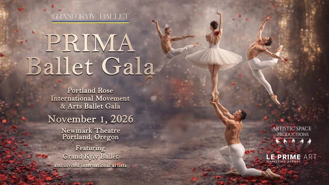 Four ballet dancers perform gracefully against a stage with scattered red petals. Text details the "PRIMA Ballet Gala" event on November 1, 2026, in Portland, Oregon.