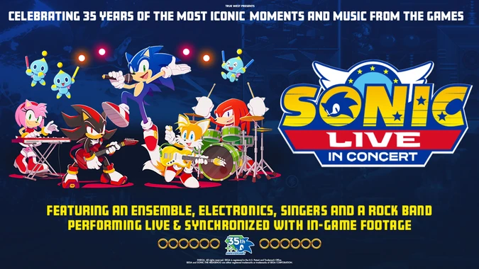 Sonic the Hedgehog video game characters playing instruments with concert details for 'Sonic Live in Concert' celebrating 35 years, on September 23, 2026, at Keller Auditorium in Portland, Oregon.