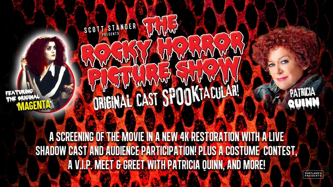 The Rocky Horror Picture Show promotional image with bold, spooky red text. Features Patricia Quinn, the original 'Magenta,' against a fiery background. Includes details of a 4K movie screening event, live shadow cast, costume contest, and meet & greet.