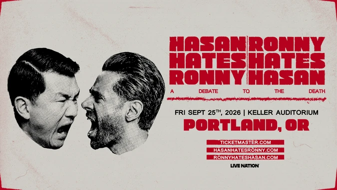 Image of Ronny Chieng's and Hasan Minhaj's heads, facing off and shouting. Bold red text reads "Hasan Hates Ronny; Ronny Hates Hasan." Event details below in red and black.