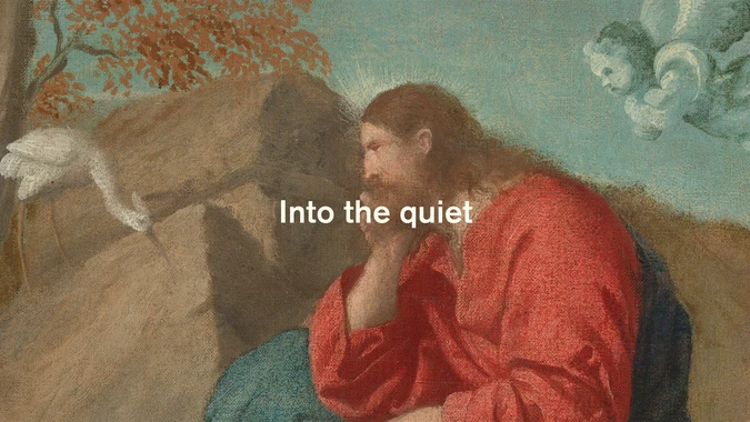 Illustration of a contemplative figure in a red robe resting on a rock, gazing at a white bird. Text reads "Into the quiet." The scene conveys peace and introspection.