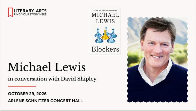Photo image of Michael Lewis smiling, and the cover of his book 'Blockers' with colorful chess pieces.