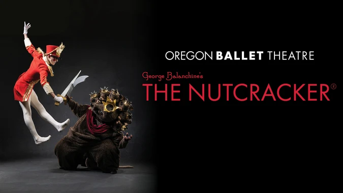 Ballet dancer in red uniform leaps gracefully, holding a sword, facing a figure in a rat costume. Text reads "Oregon Ballet Theatre's The Nutcracker."