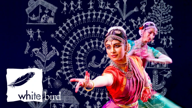 A woman in a colorful traditional dance costume extends her arm towards the viewer, set against a dark blue background filled with white illustrations of dancers, trees, and traditional scenes.