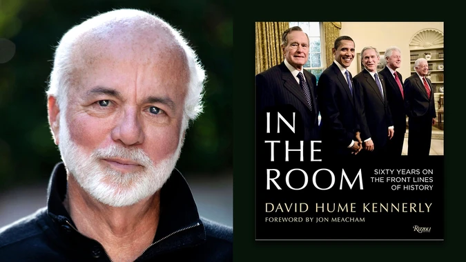 Close-up portrait of a man (David Hume Kennerly) with a white beard and hair, next to the book cover of "IN THE ROOM" by David Hume Kennerly, featuring five former U.S. Presidents.