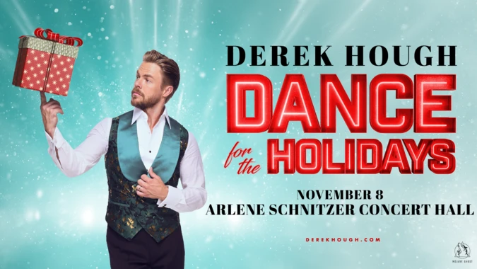Derek Hough dressed in a festive vest balancing a large wrapped present on one finger. text reads Derek Hough Dance for the Holidays