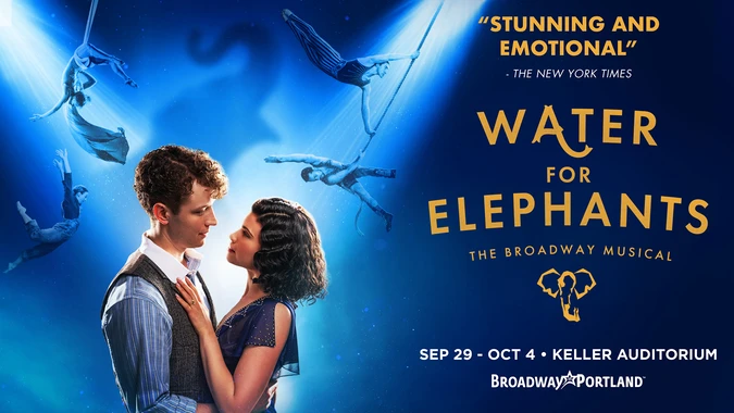 Promotional image for "Water for Elephants," featuring a romantic couple in the foreground and acrobats performing in the background.