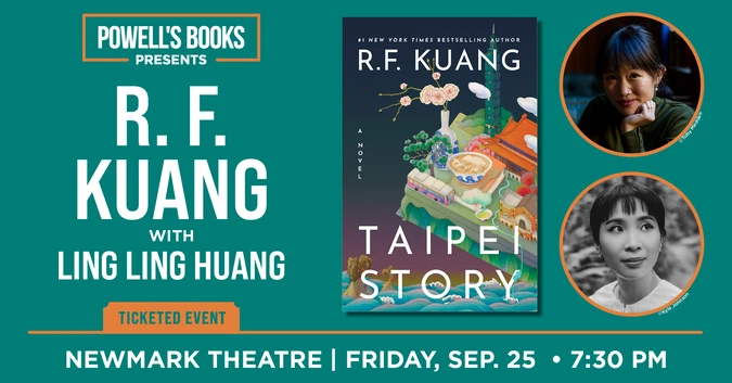 Image of R.F. Kuang's novel "Taipei Story" with Taiwanese landscape next to photo of R. F. Kuang in a circle frame.