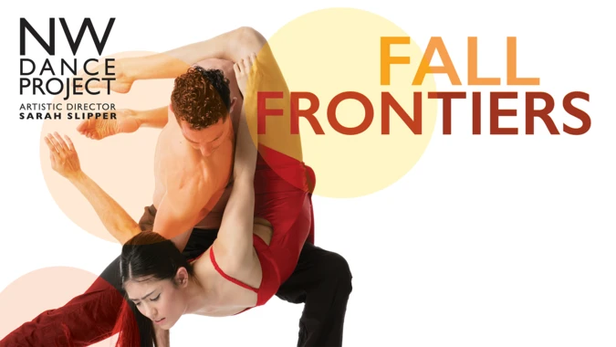 Two dancers in a dynamic pose, one male and one female, against a white background with soft yellow and peach circular shapes and the text "FALL FRONTIERS" and the NW Dance Project text logo.