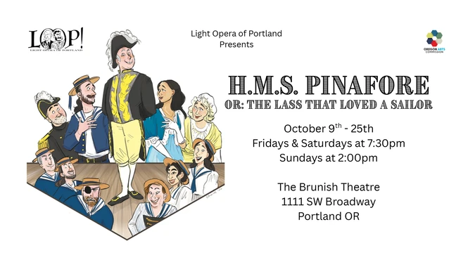 Image for Light Opera of Portland’s “H.M.S. Pinafore,” featuring a lively illustrated ensemble of sailors and singers; October performances at The Brunish Theatre.