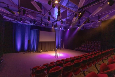 Interior de Brunish Theatre, escenario vacío con un micrófono de pie y luz oscura.